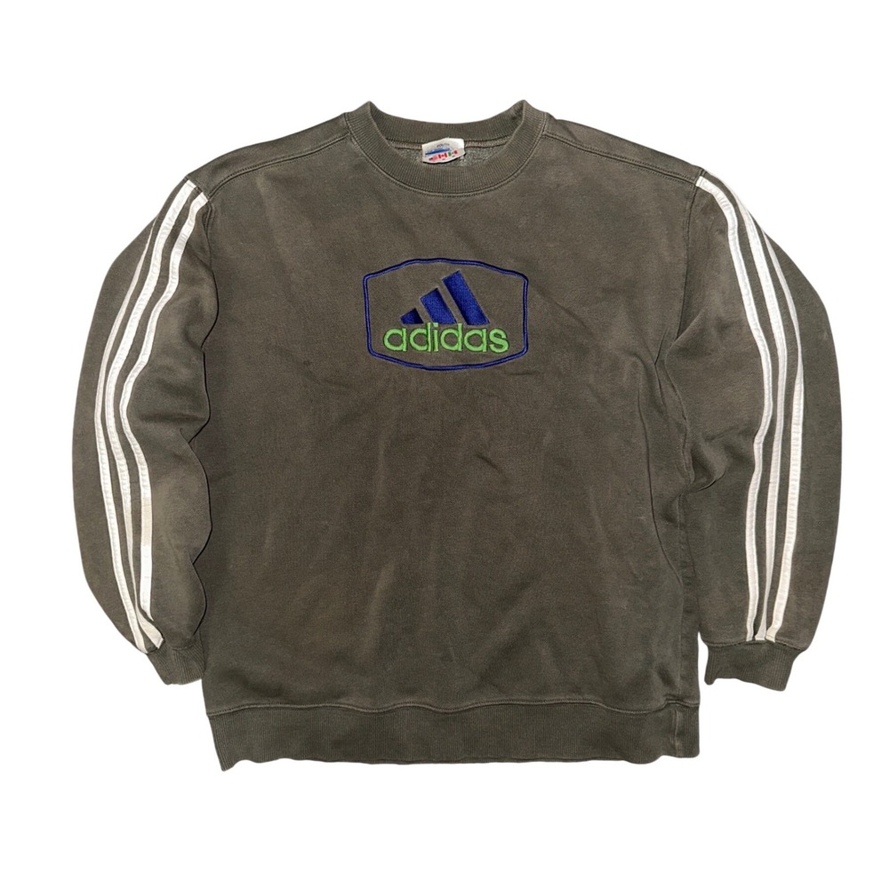 Vintage Adidas Sweatshirt XL Olive Green 3 Stripe Embroidered Logo Pullover
